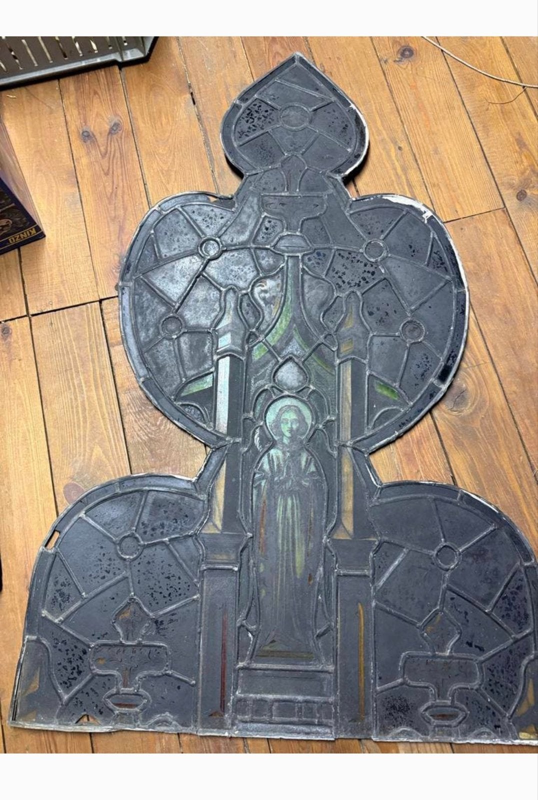 Antiek Glas-in-lood Raamwerk Kerk Religieuze Voorstelling, Antiek en Kunst, Antiek | Religie, Ophalen of Verzenden