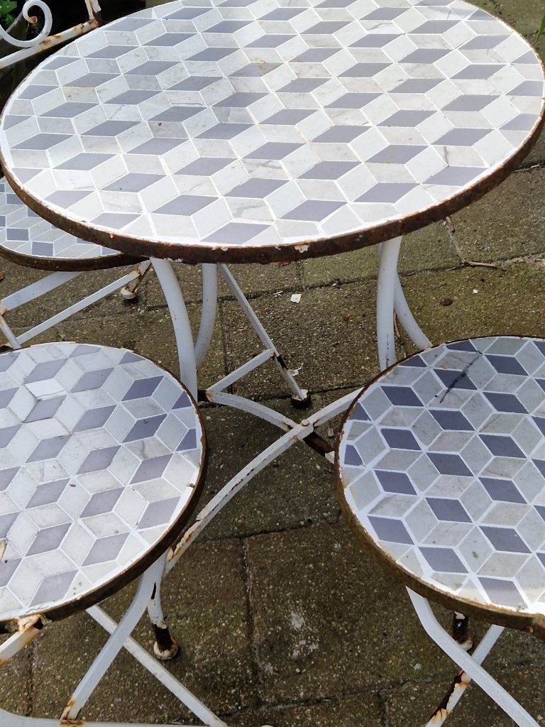 Brocant mozaiek bistro setje voor decoratie (3 stoelen), Tuin en Terras, Ophalen, Overige materialen, Gebruikt, Bijzettafel