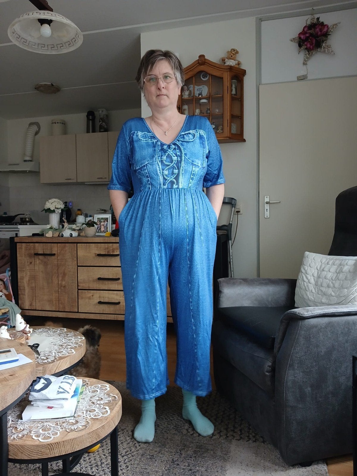 Comfortabele jumpsuit met denim print - Maat 40/42, Verzenden
