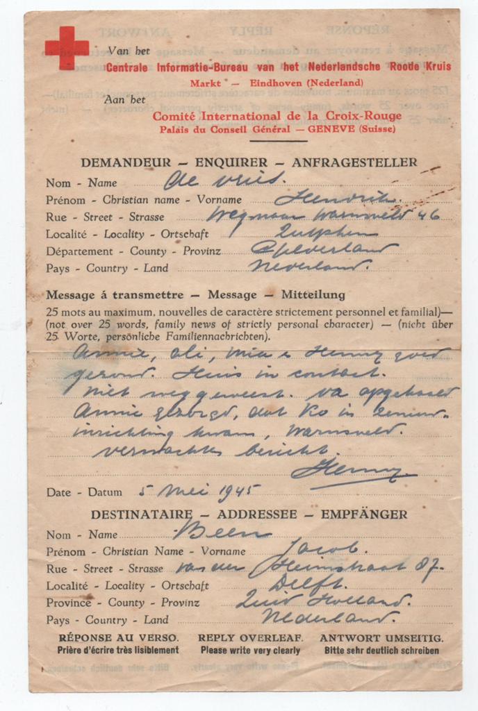 Rode Kruis informatie aanvragen Zutphen - Delft- Vianen 1945, Verzamelen, Militaria | Tweede Wereldoorlog, Ophalen of Verzenden