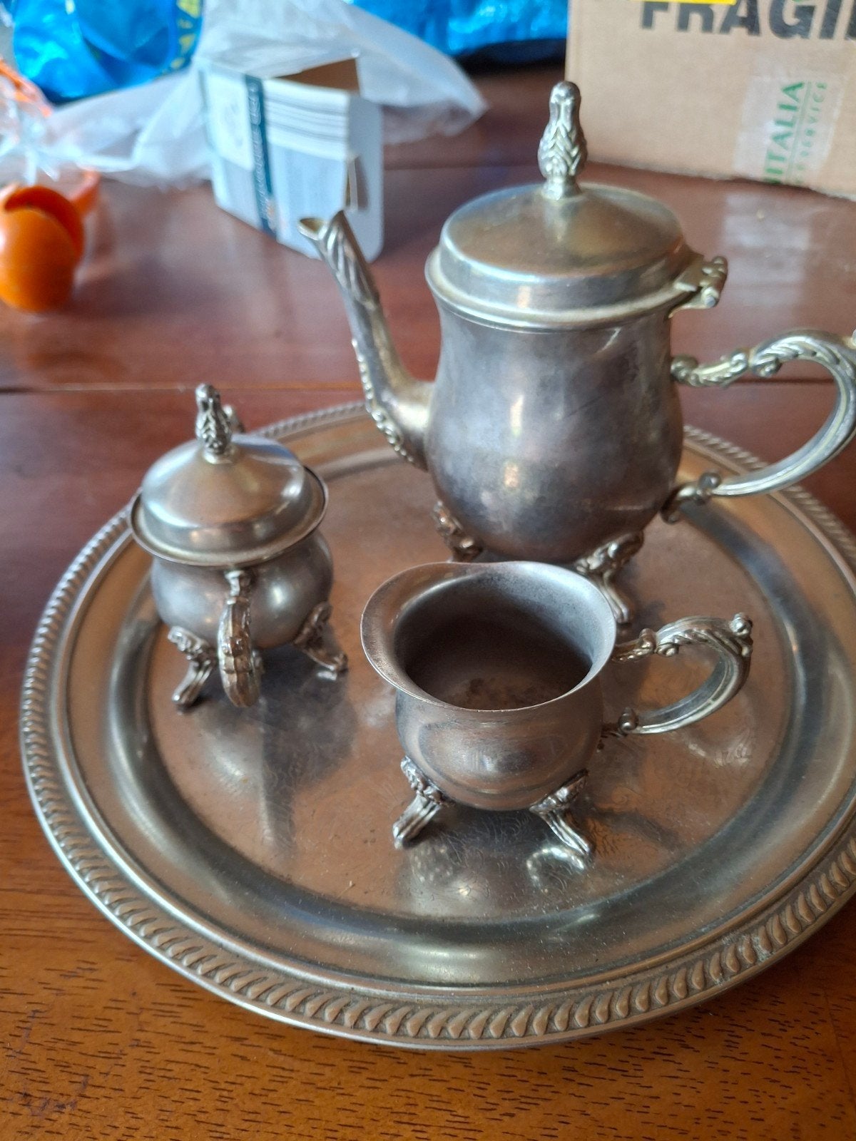 Antiek verzilverd theeservies met dienblad, Ophalen, Zilver