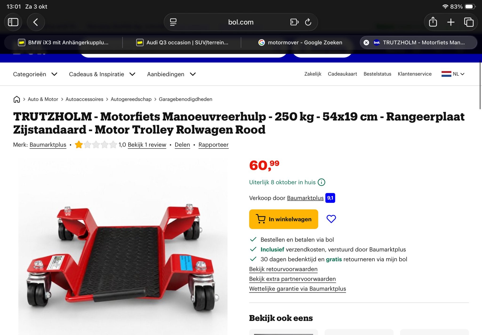 Motorfiets Manoeuvreerhulp - 250 kg - Rood, Auto diversen, Ophalen, Nieuw