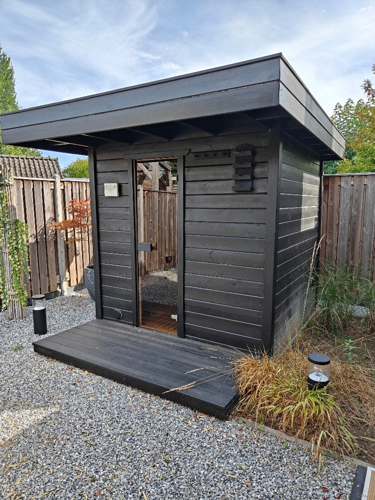 Buitensauna deluxe 5 persoons inclusief kachel, Ophalen, Zo goed als nieuw, Fins of Traditioneel, Complete sauna