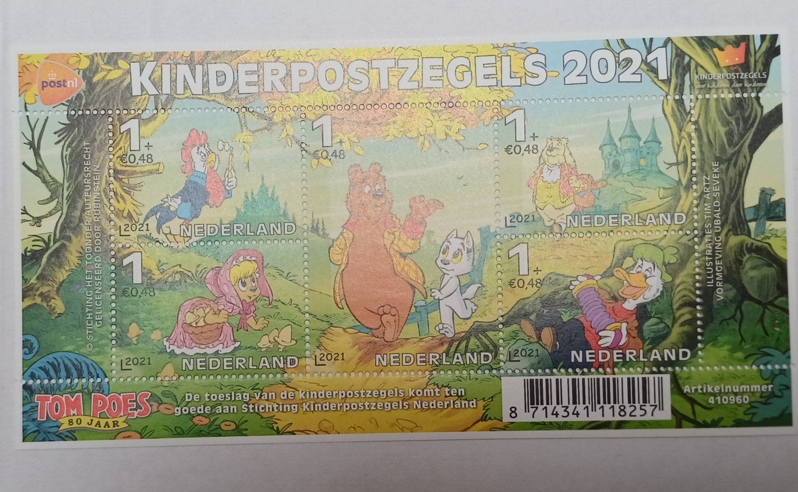 Kinderpostzegels 2021 Tom Poes 80 Jaar - Ongebruikt vel, Postzegels en Munten, Ophalen of Verzenden