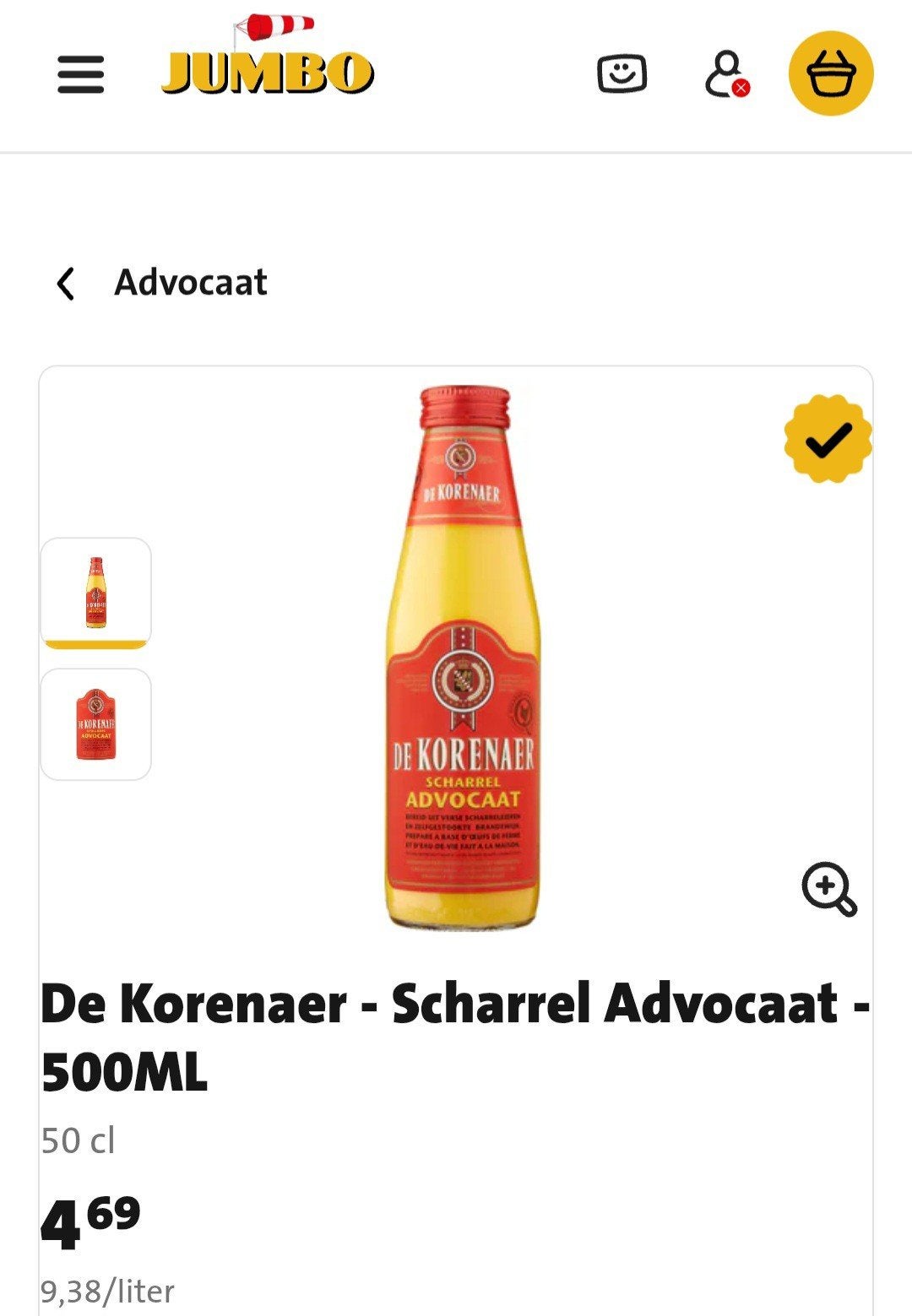 De Korenaer - Scharrel Advocaat - 500ml,  ongeopend (ruilen), Ophalen