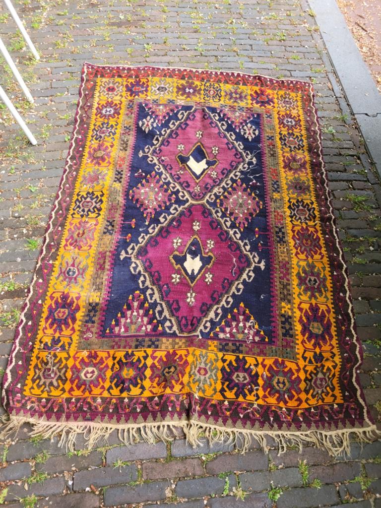 Vintage Handgeweven Kelim Tapijt - Rijk Gekleurd, Vintage, Bohemien, Etnisch, Kelim, Gebruikt, 100 tot 150 cm, Blauw
