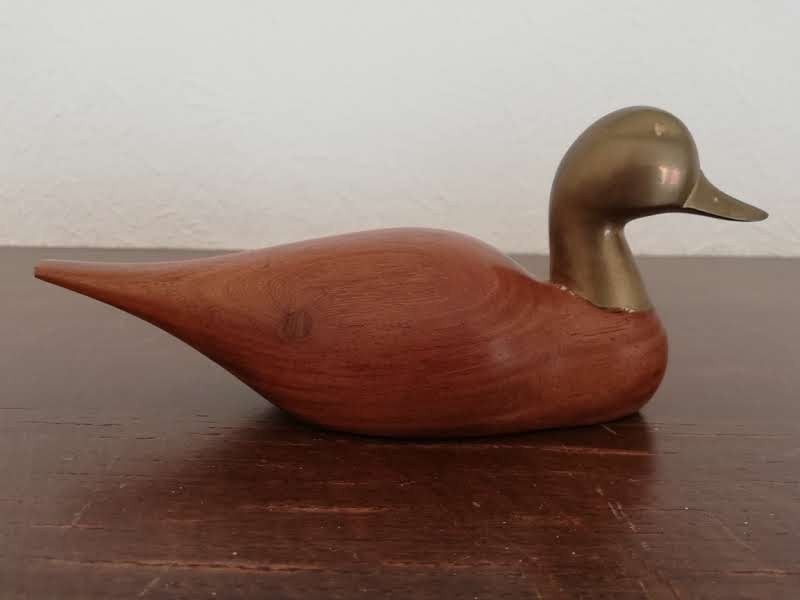 Vintage houten eend met messing kop., Ophalen of Verzenden