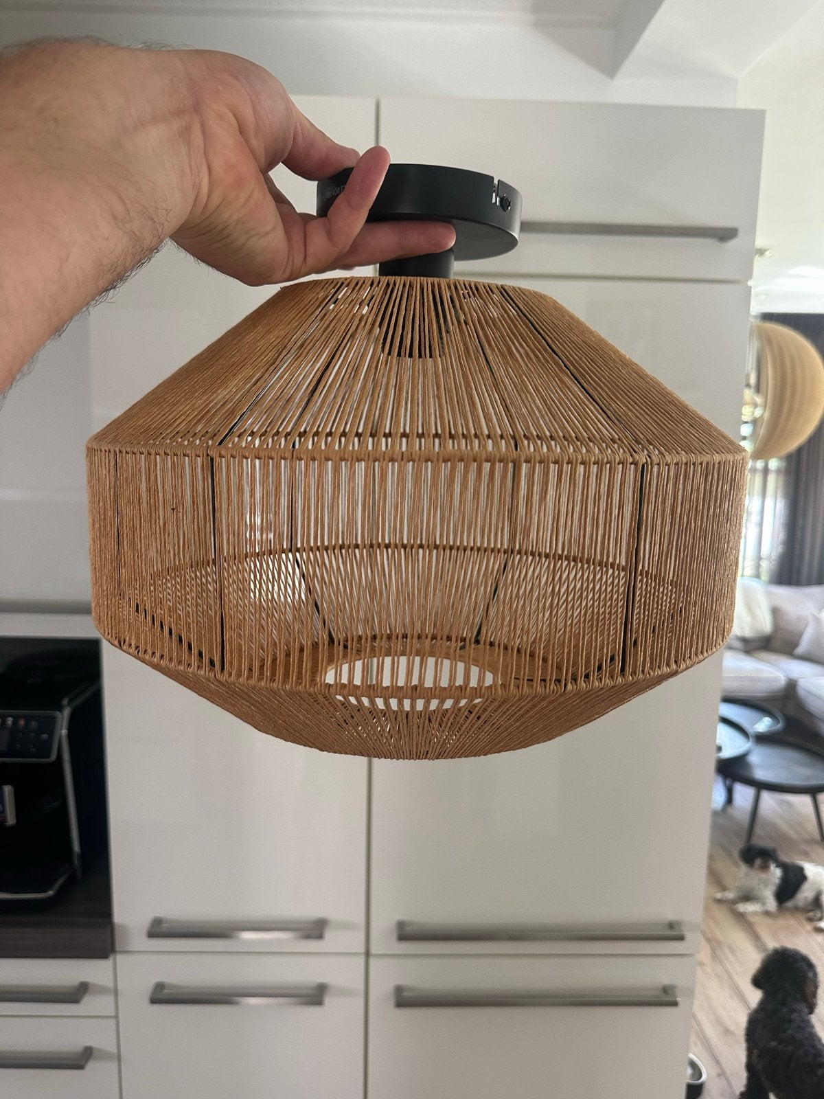 Plafondlamp geweven beige met zwart metaal, Ophalen, Beige, Natuurlijk materiaal, Zo goed als nieuw