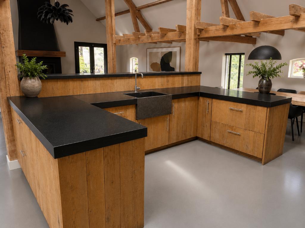 Luxe echte houten keuken met groot eiland + composiet blad, Ophalen, Gebruikt, U-keuken, Overige kleuren