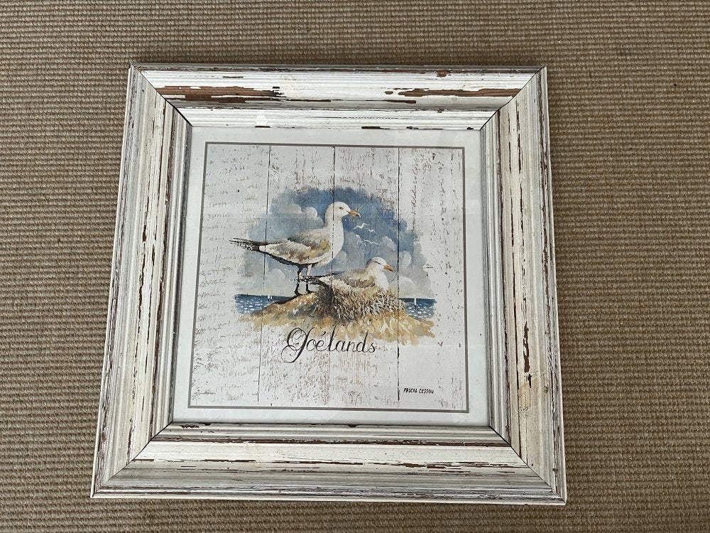 Brocante lijst met reproductie van Pascal Cessou | 2 meeuwen, Ophalen of Verzenden