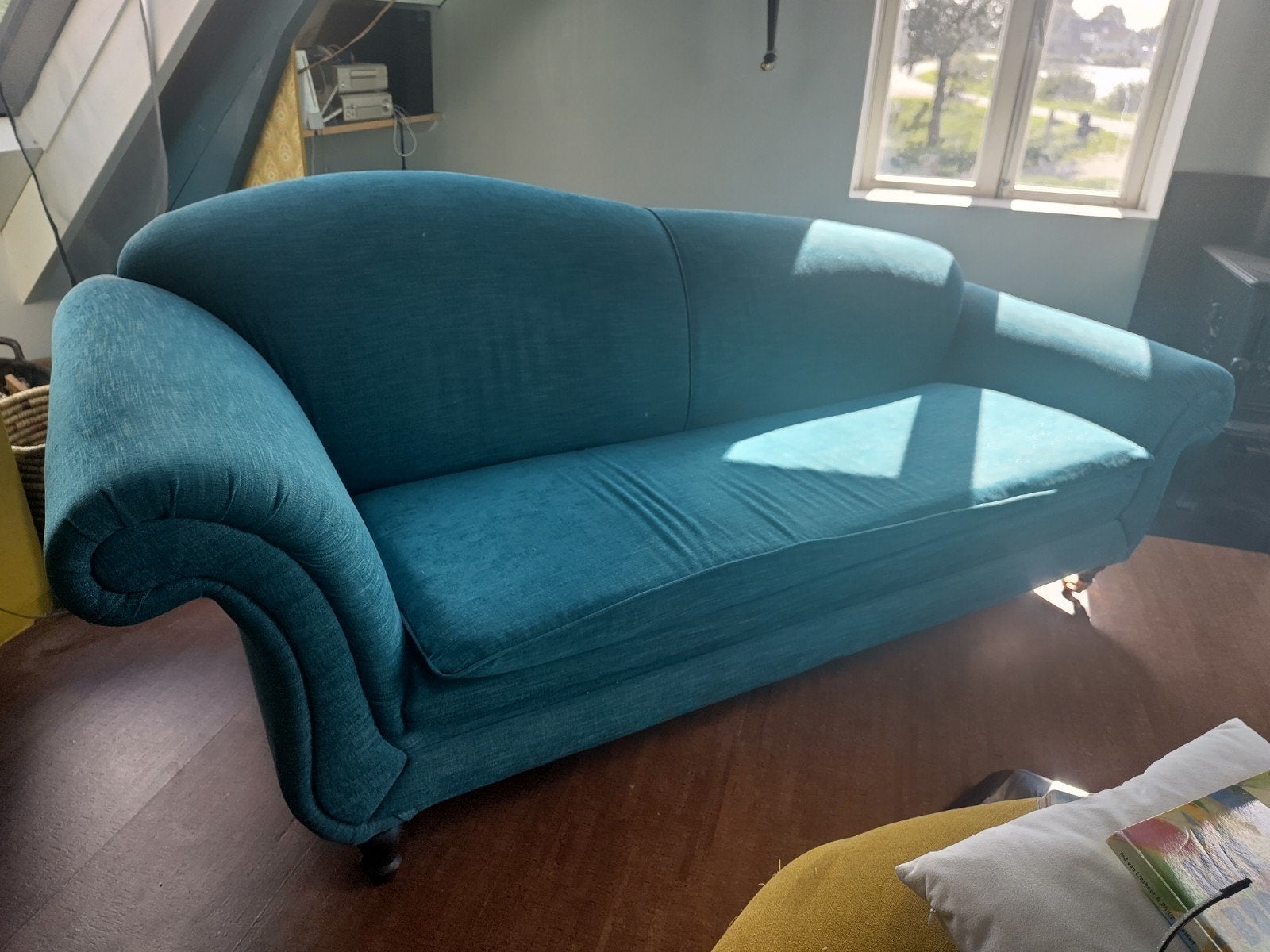 Stijlvolle turquoise tweepersoonsbank, Gebruikt, 150 tot 200 cm, Tweepersoons, 75 tot 100 cm