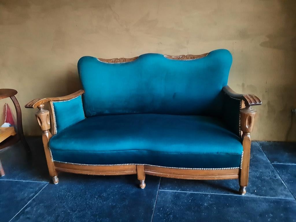 Prachtig gerestaureerd, gestoffeerd 2 zits bankje sofa, Ophalen, 75 tot 100 cm, Tweepersoons, Stof