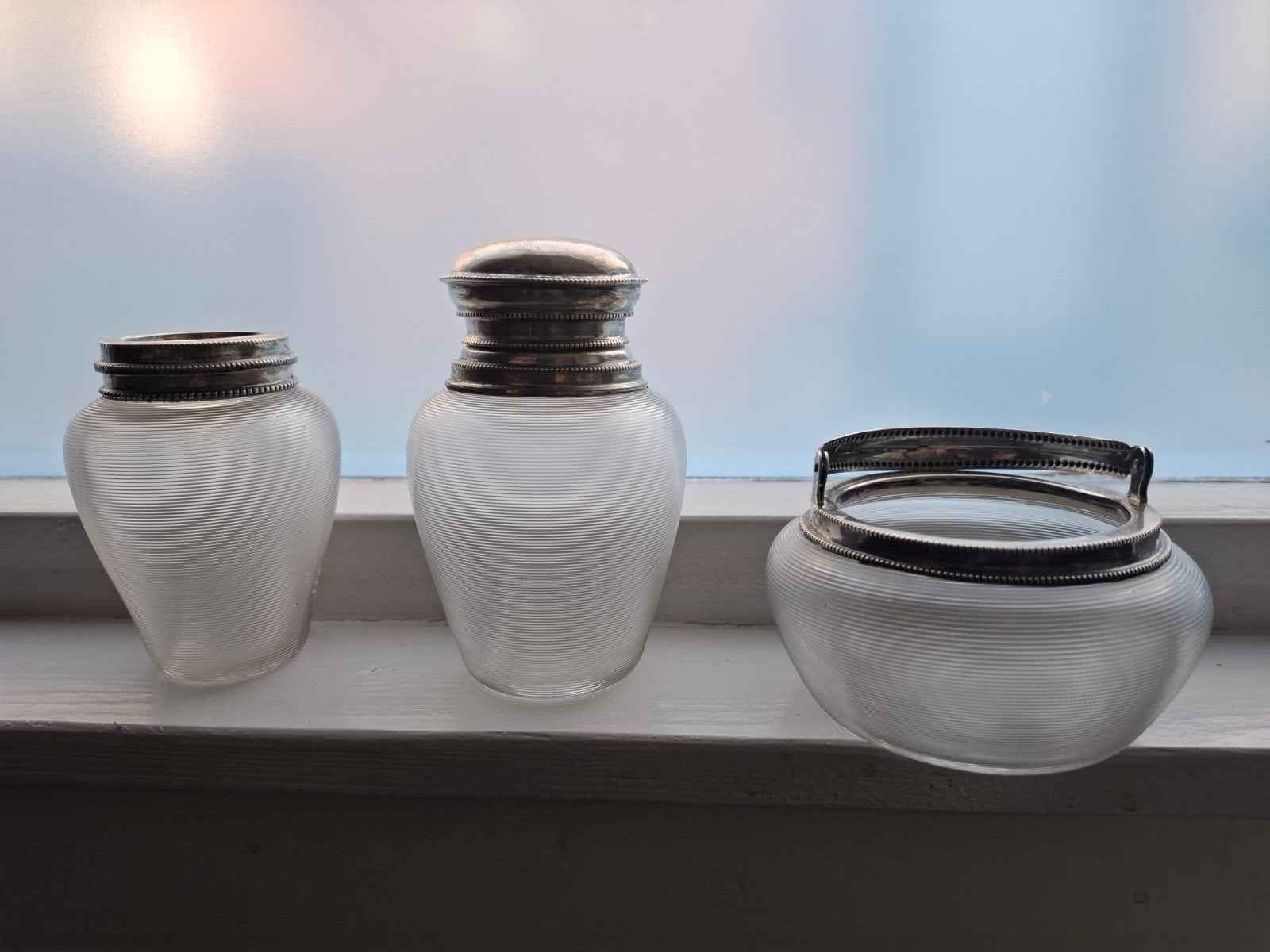 Gaaf Draadglas stelletje met zilveren afwerking, Antiek en Kunst, Ophalen of Verzenden