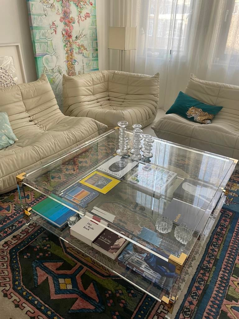 SalonTafel 110x110x40 Hollywood Regency,Charles Hollis Jones, Ophalen, Gebruikt, Vierkant, Glas