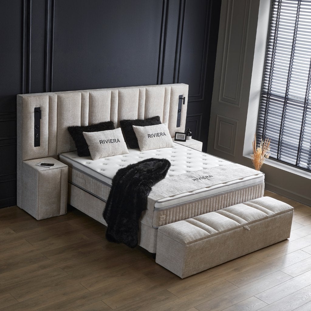 Riviera 2-persoons opbergbed XL hoofdbord - Beige, Niet ingevuld, Niet ingevuld, Niet ingevuld
