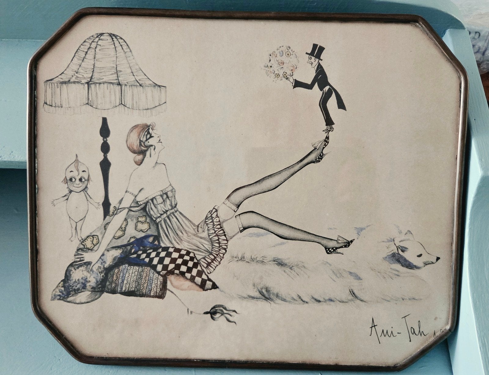 Bijzondere Art Deco ingekleurde tekening gesigneerd Ami Tah, Ophalen of Verzenden