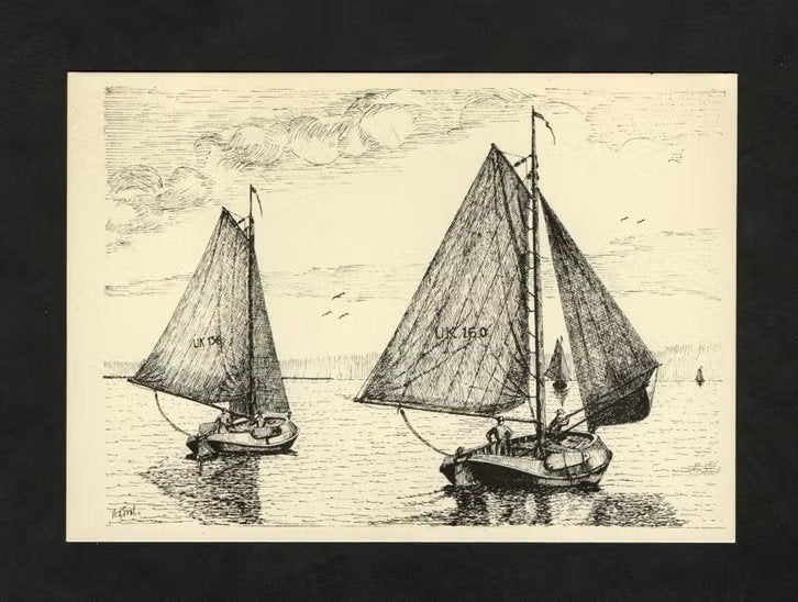 Urk Vissersboten Botters Naar De Visgronden, Pentekening., Verzamelen, Ansichtkaarten | Nederland, Ophalen of Verzenden, 1980 tot heden