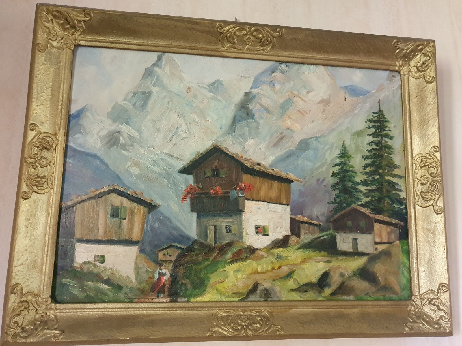 Vintage olieverfschilderij berglandschap met huizen, Doek, Ophalen of Verzenden, Landschap, Olieverf