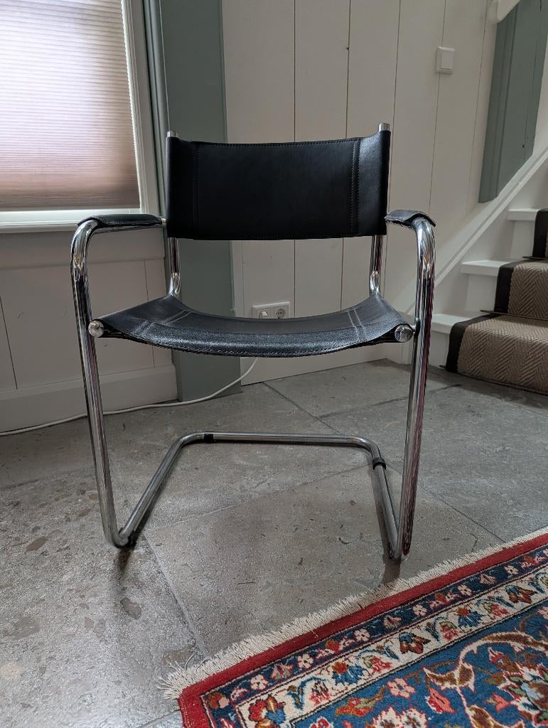 Vintage leren buisframe stoel, Huis en Inrichting, Stoelen, Ophalen, Gebruikt, Zwart, Design