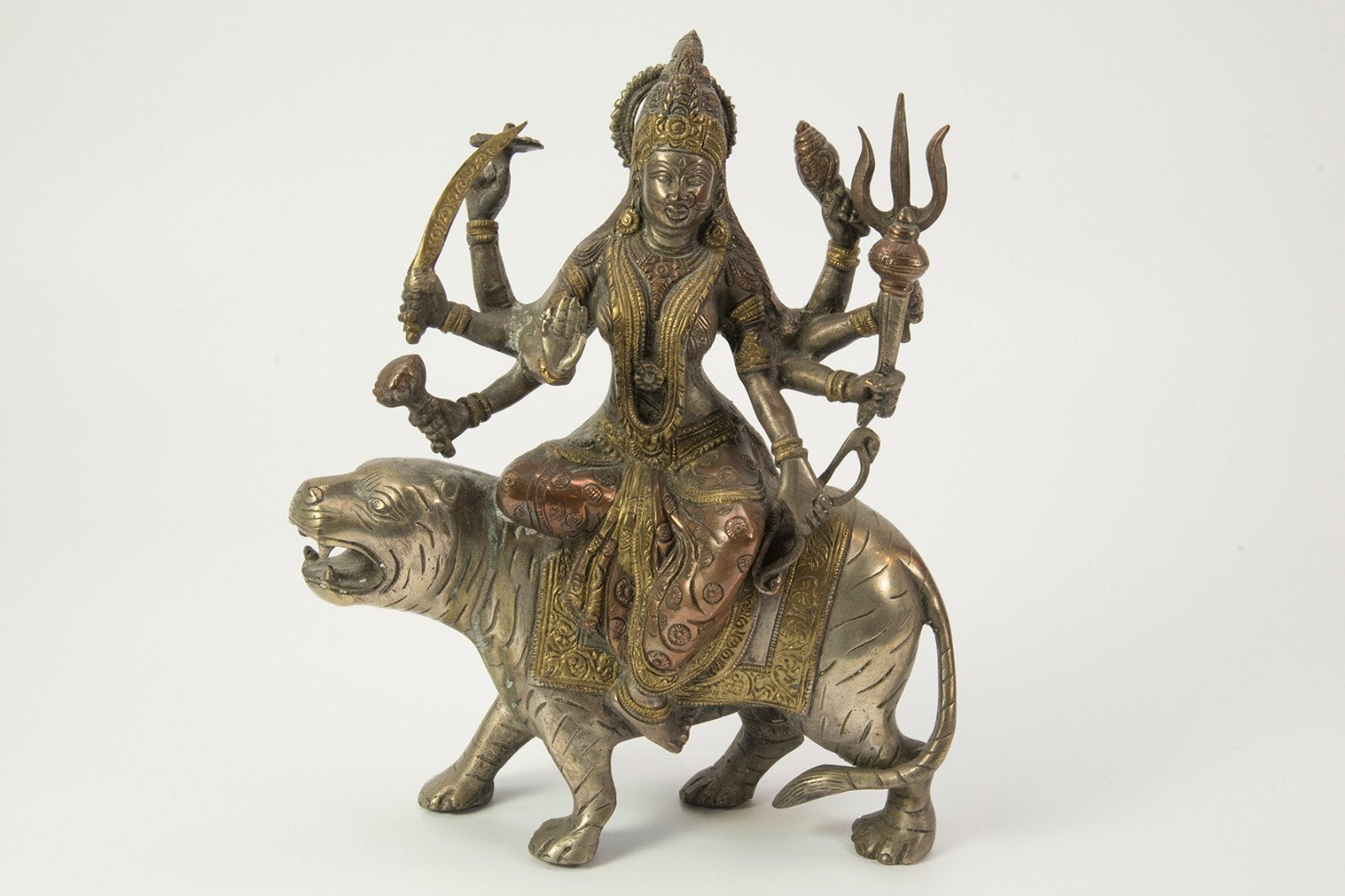 Bronzen Beeld van Godin Durga op Tijger, Ophalen of Verzenden, Brons, 20 - 50 cm, Azië