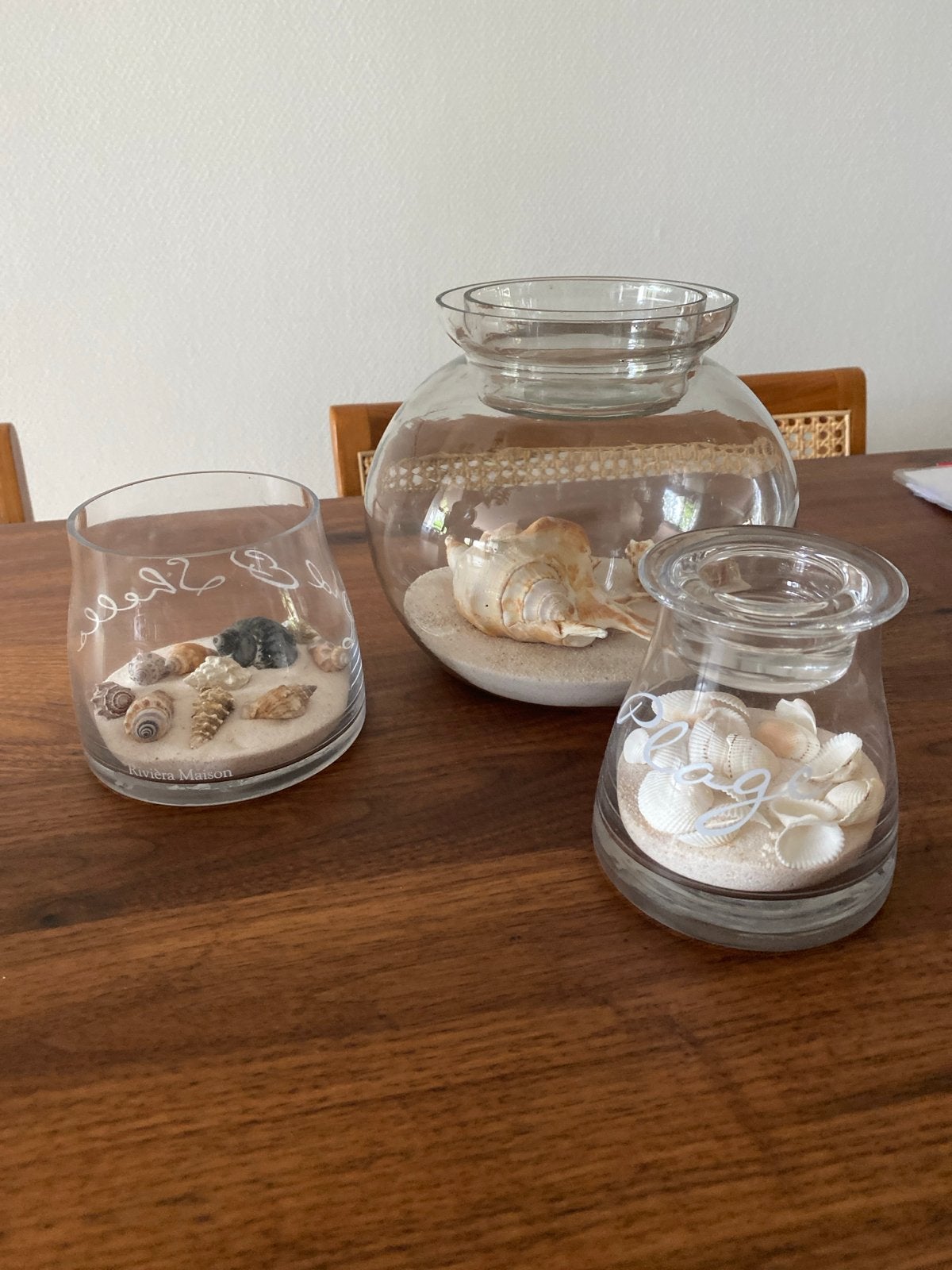 Riviera Maison Vazen met Schelpen - Set van 3, Ophalen, Gebruikt, Transparant, Inclusief decoratie