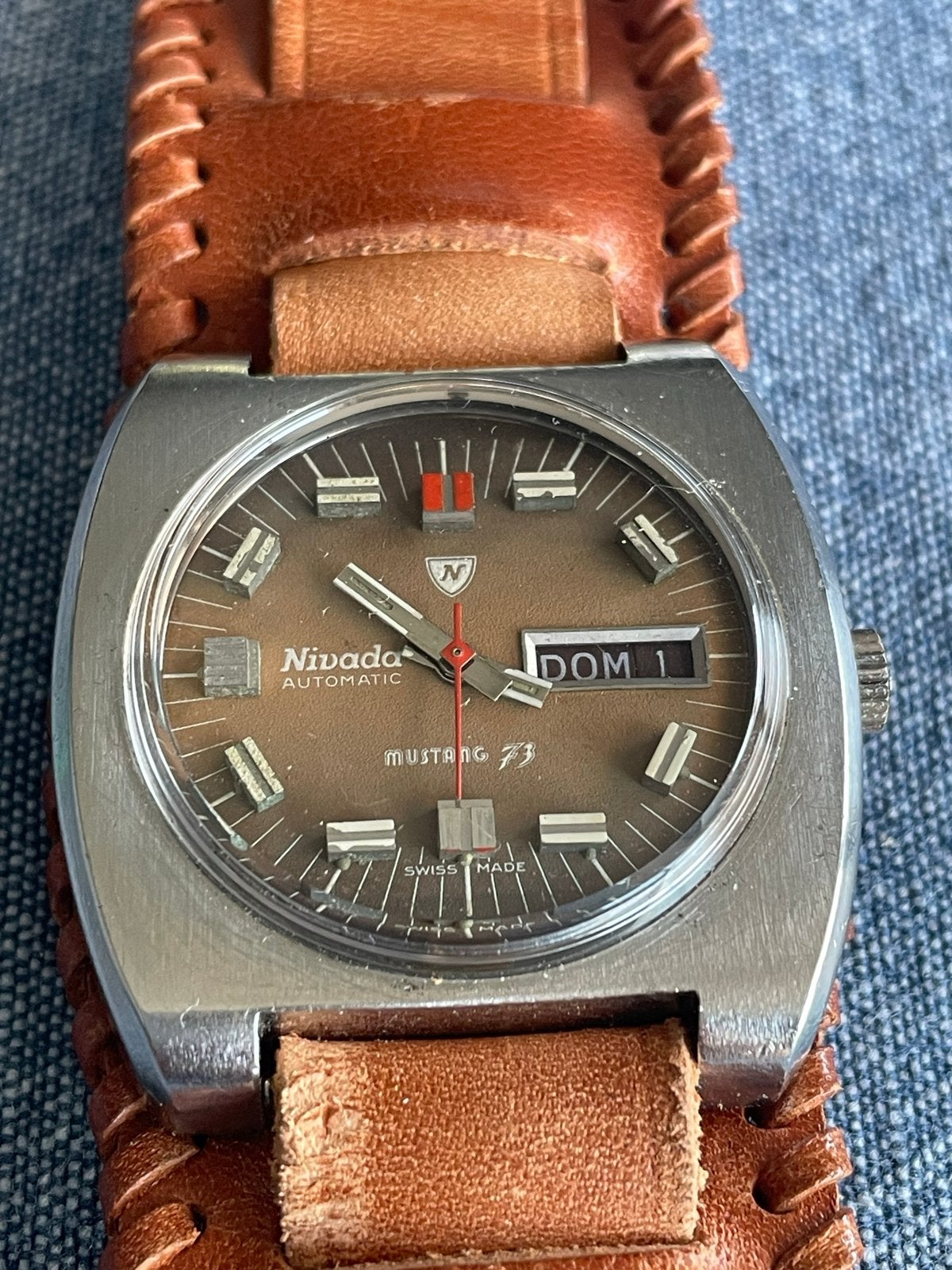 Vintage Nivada Mustang 73 Automaat Dag/Datum Zwitsers Horlog, Overige merken, Staal, Met bandje, Polshorloge