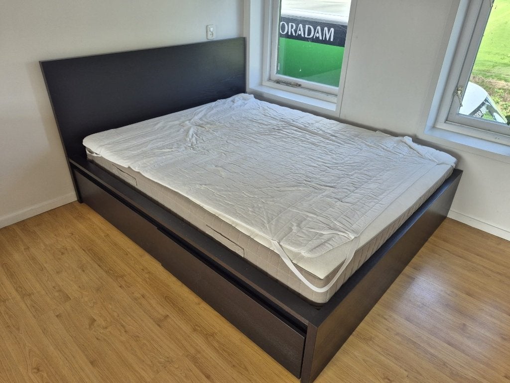 IKEA BRIMNES Bedframe met lades, lattenbodem & matras, Ophalen, Gebruikt, Zwart, Tweepersoons