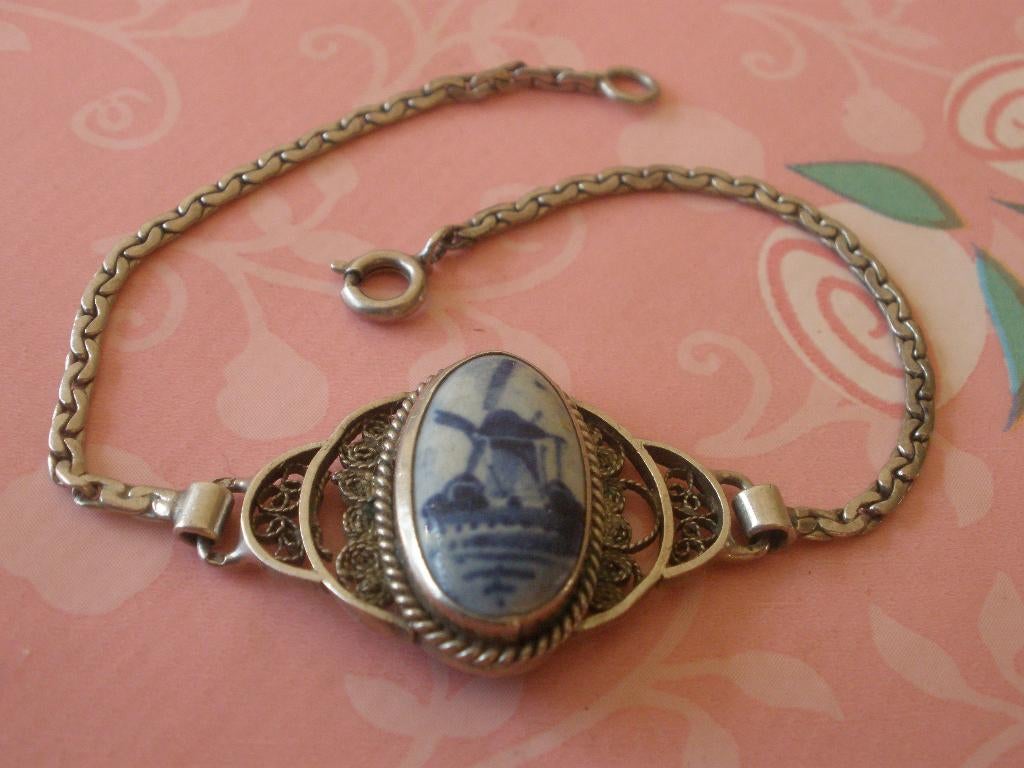 Filligrain Zilveren armband met Delfs Blauw uit Zeeuwse Boe, Ophalen of Verzenden, Zo goed als nieuw, Blauw, Zilver