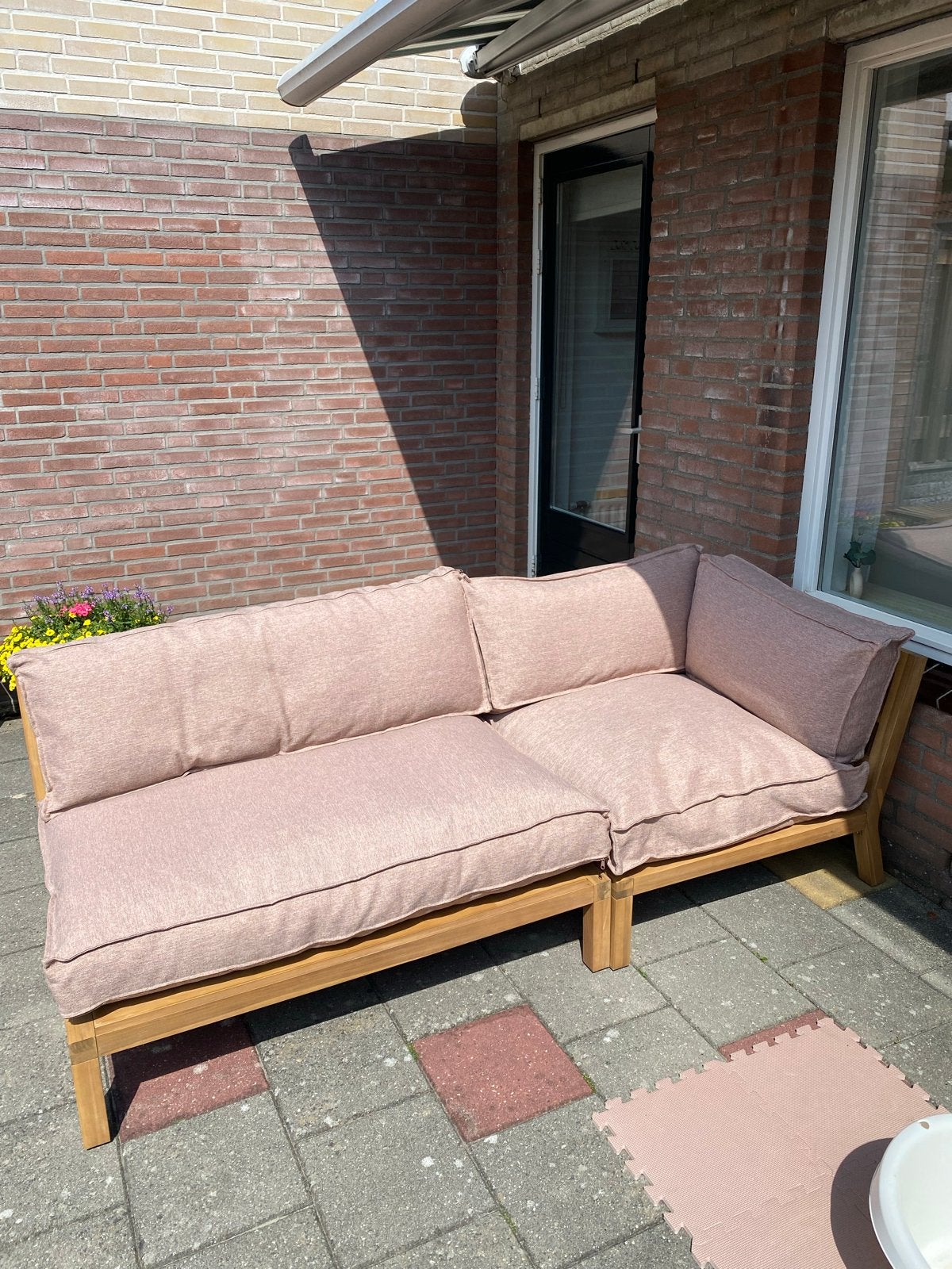 Karwei houten pallet loungeset inclusief kussens, Ophalen, 3 zitplaatsen, Zo goed als nieuw, Loungeset