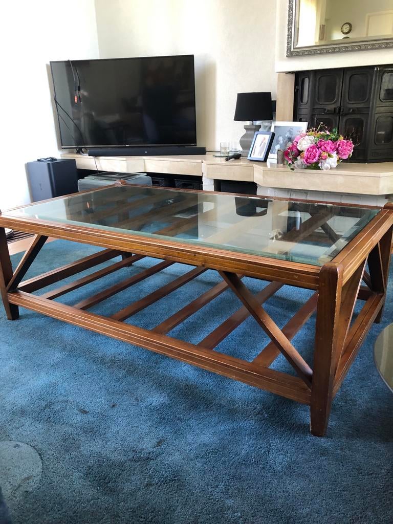 Salontafel met geslepen glasplaat en opbergruimte, Ophalen, Gebruikt, 100 tot 150 cm, 50 tot 100 cm