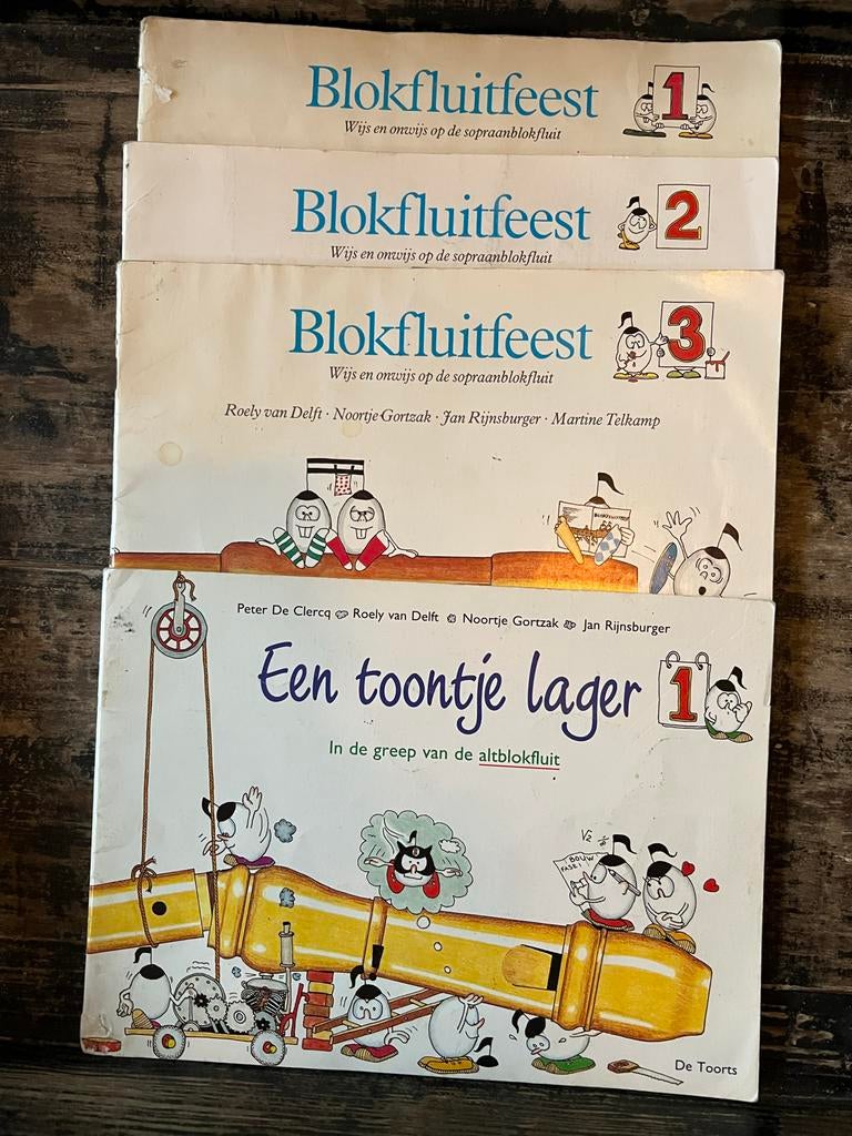 Blokfluitfeest 1, 2, 3 en Een toontje lager 1 (4 boeken), Gebruikt, Overige genres, Les of Cursus, Ophalen of Verzenden