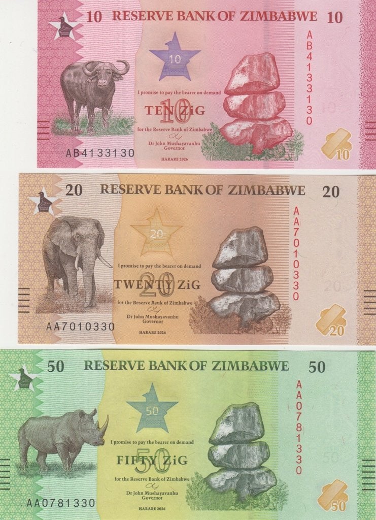Zimbabwe bankbiljetten 10, 20 en 50 ZiG 2026 dieren UNC, Ophalen of Verzenden, Zimbabwe, Setje