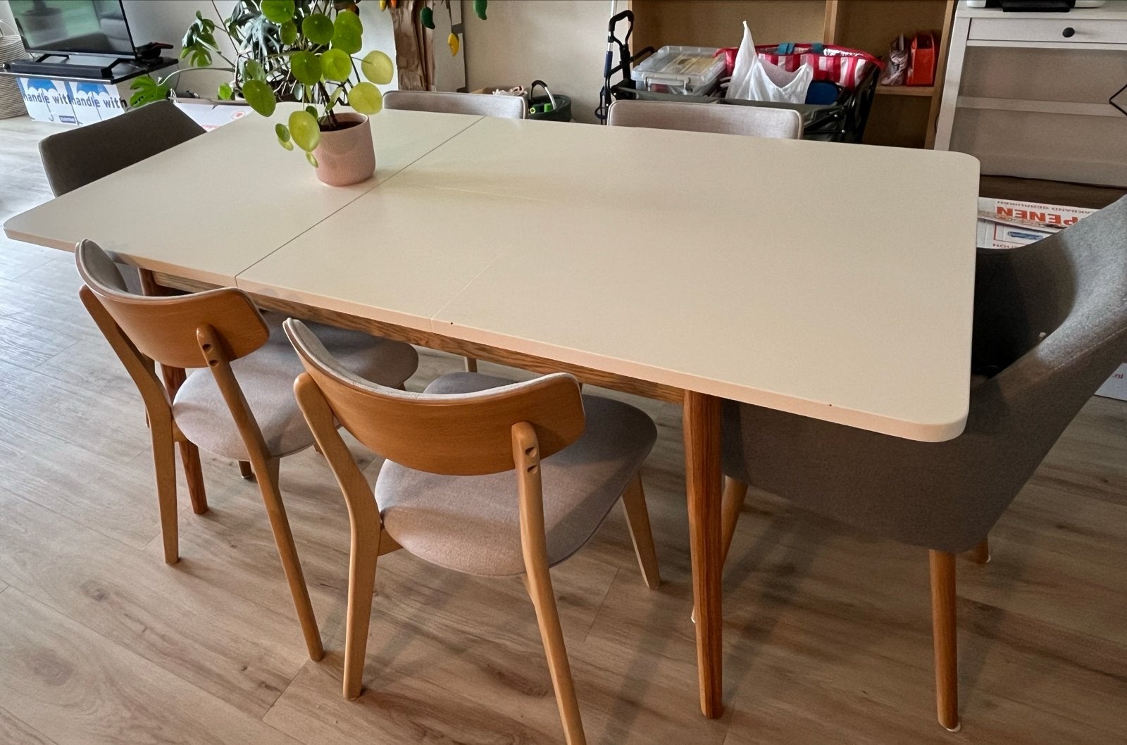 Uitschuifbare eettafel met 6 stoelen, Ophalen, Gebruikt, 50 tot 100 cm, Vijf personen of meer