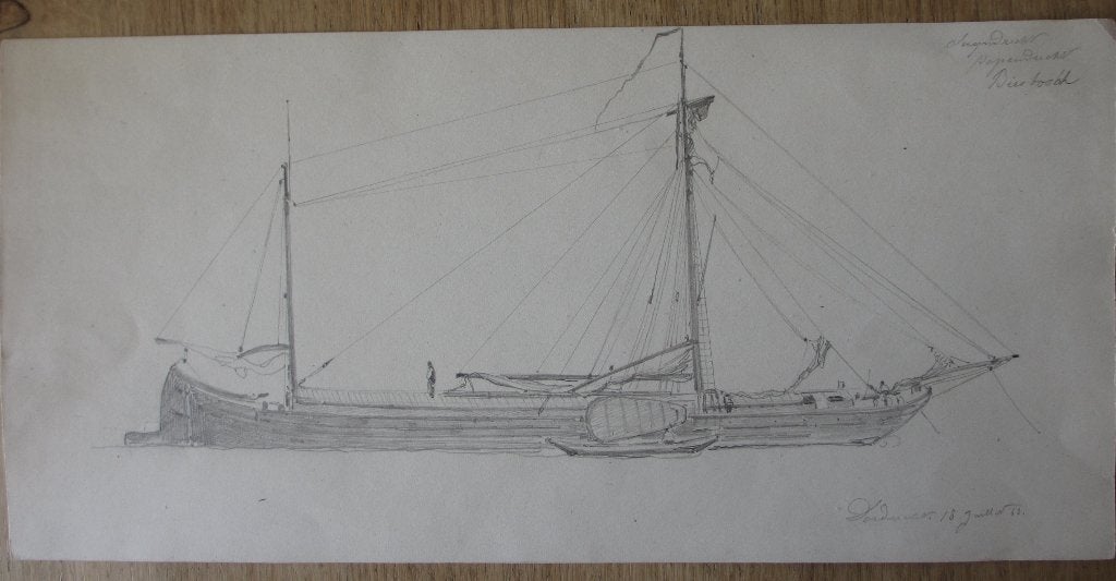 Twee 19e‑eeuwse scheepsstudies – Biesbosch (18 juillet 68), Ophalen of Verzenden, Tekening, Potloodtekening, Handgemaakt