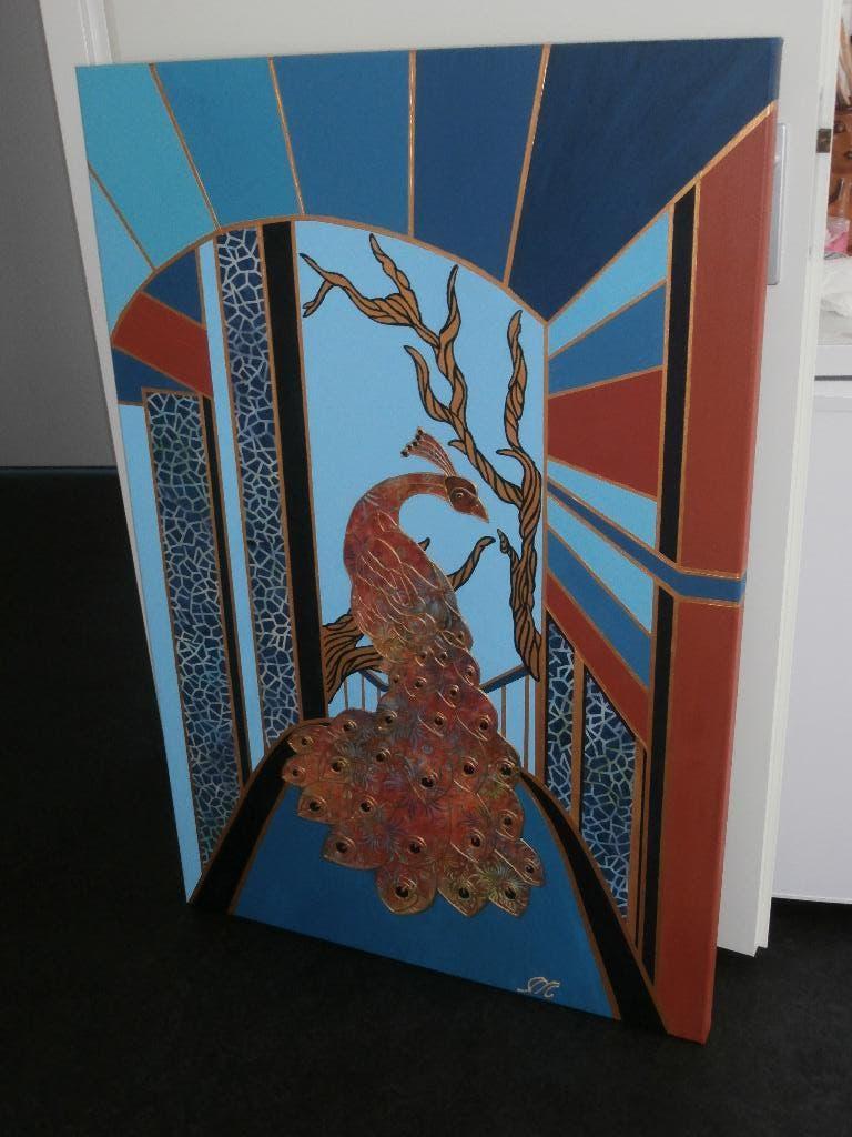 Schilderij Pauw acrylverf-textiel-3D verf stijl Hotel chique, Ophalen