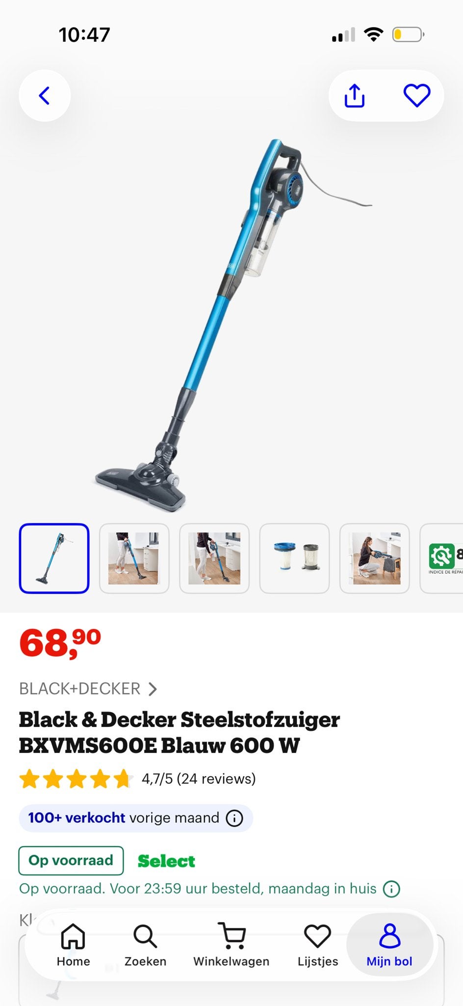 Black & Decker Steelstofzuiger BXVM S600E Blauw 600 W, Witgoed en Apparatuur, Stofzuigers, Ophalen of Verzenden, Zo goed als nieuw