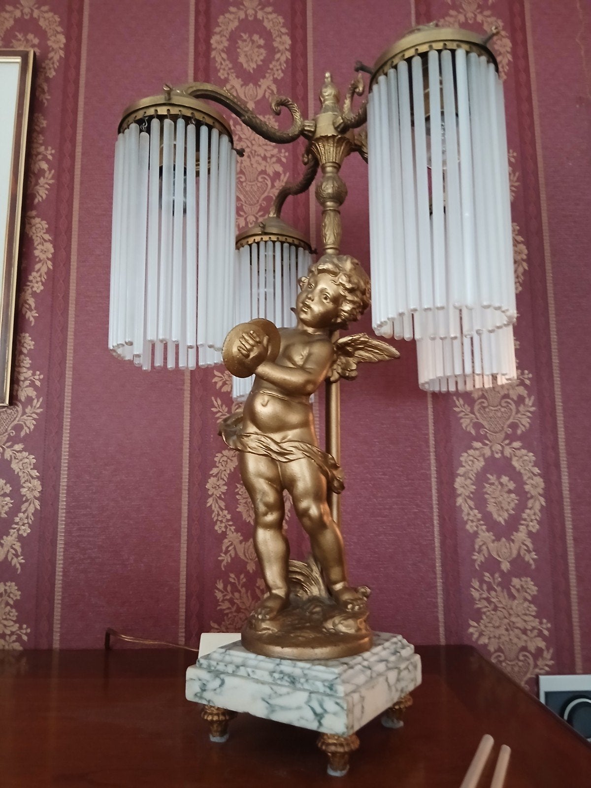 Bijzondere vintage engel/putto tafellamp – glas & goud – 51, Antiek en Kunst, Antiek | Lampen, Ophalen