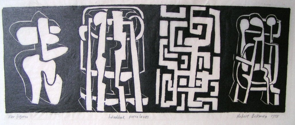 Hubert Bekman 4 figuren inkt ets tekening, Met tekst, Flora en Fauna, 1950 - 1999, Verzenden