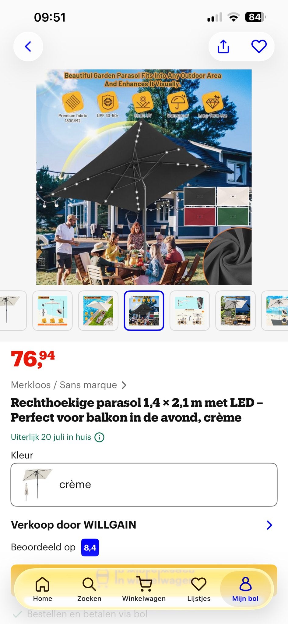 Rechthoekige parasol 1,4 x 2,1 m met LED - Crème, Ophalen, Kantelbaar, Nieuw, 1 tot 2 meter