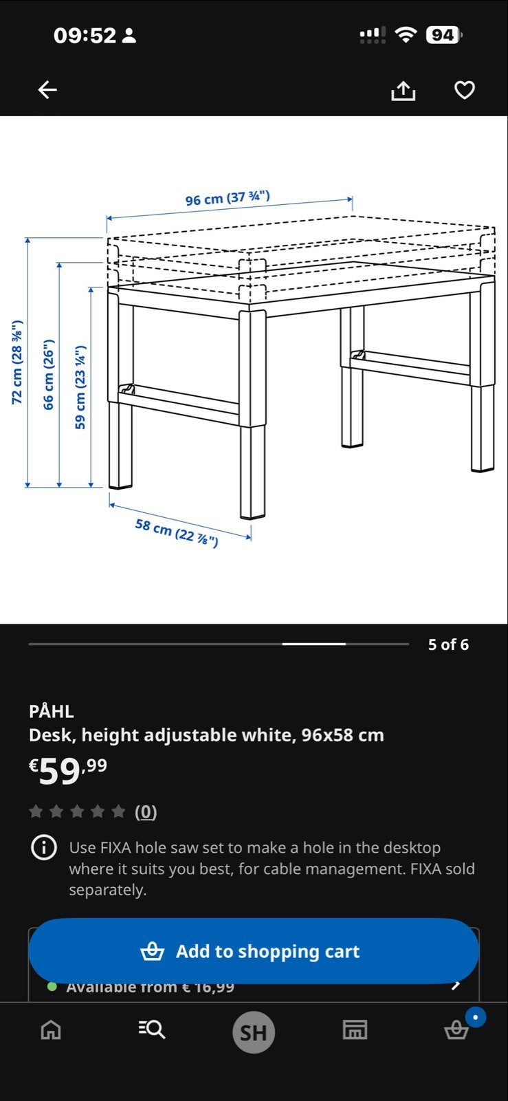 IKEA PÅHL Bureau, wit, in hoogte verstelbaar 96x58 cm, Gebruikt, Spaanplaat of MDF, In hoogte verstelbaar, Ophalen of Verzenden
