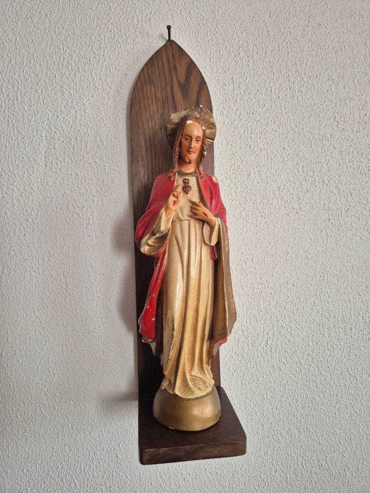 Vintage Jezus beeld op houten plank - Heilig Hart, Ophalen