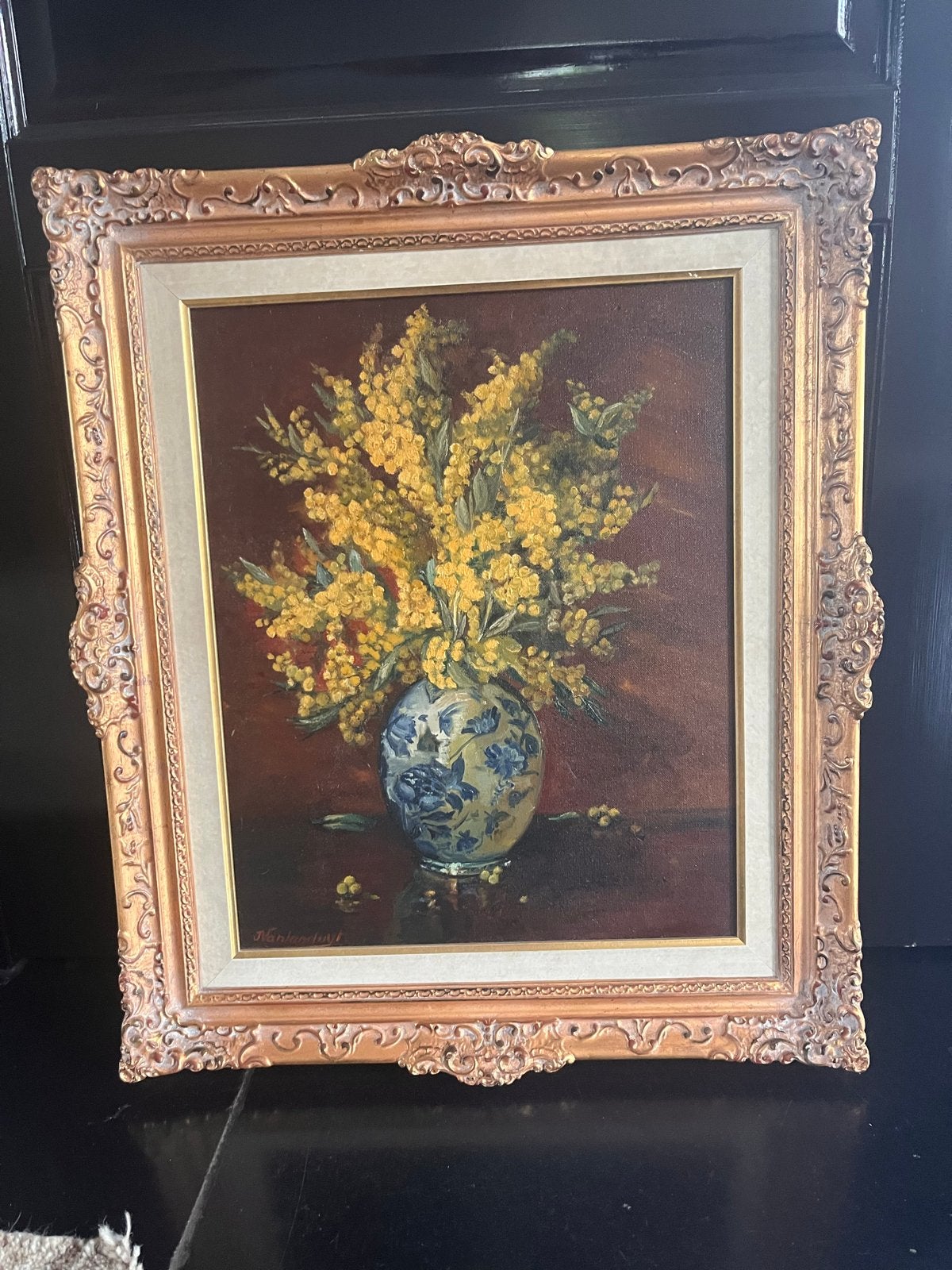 Schilderij: Mimosa in Chinese Vaas - Gesigneerd, Bloemen, Doek, Ophalen of Verzenden, Gesigneerd