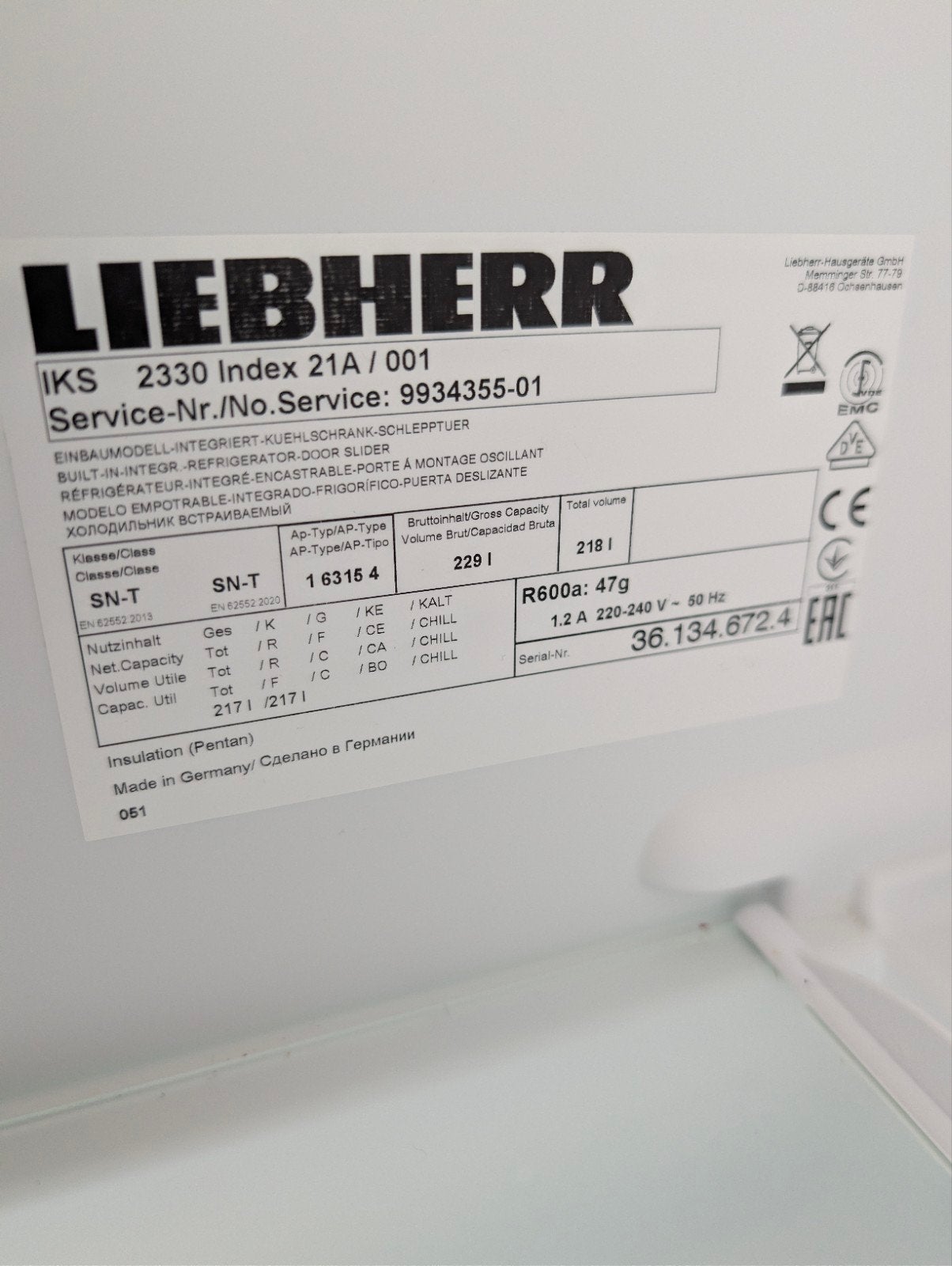 Bijna nieuwe Liebherr inbouw koelkast te koop., Zonder vriesvak, 200 liter of meer, Zo goed als nieuw, 45 tot 60 cm