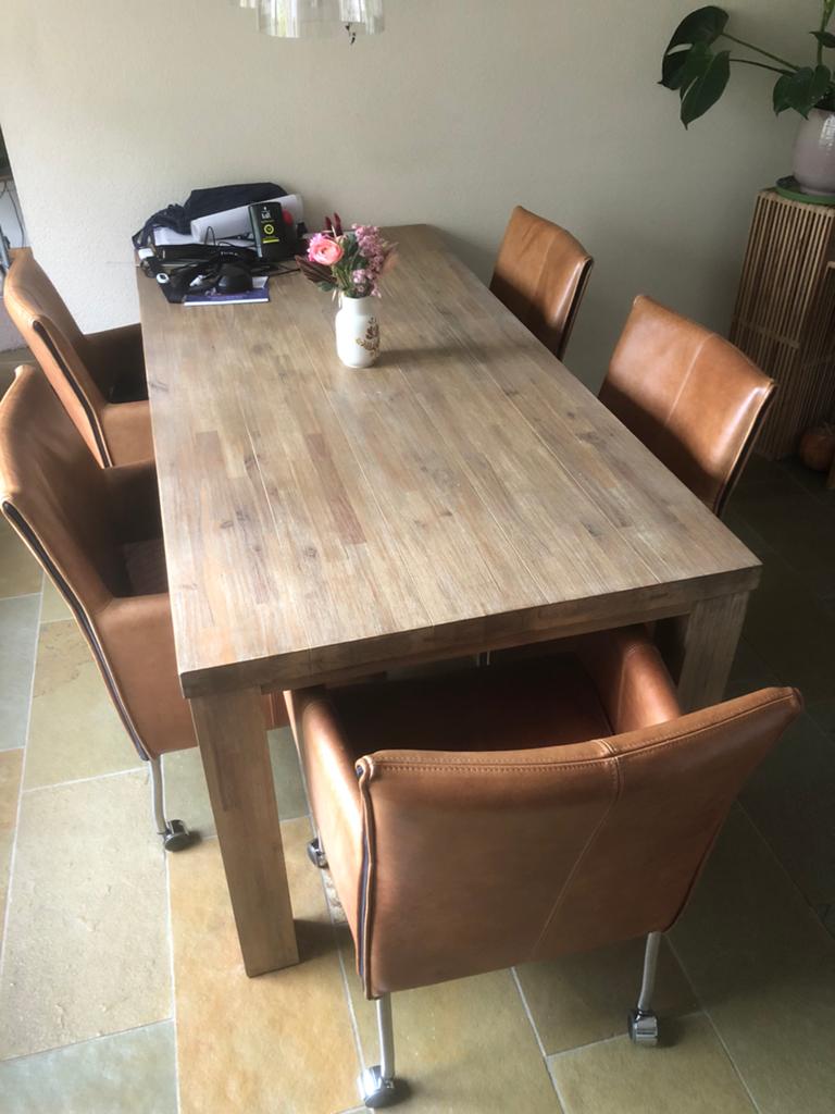 5 leren eetkamerstoel met wieltjes - Cognac, Huis en Inrichting, Stoelen, Ophalen, Gebruikt, Bruin, Leer