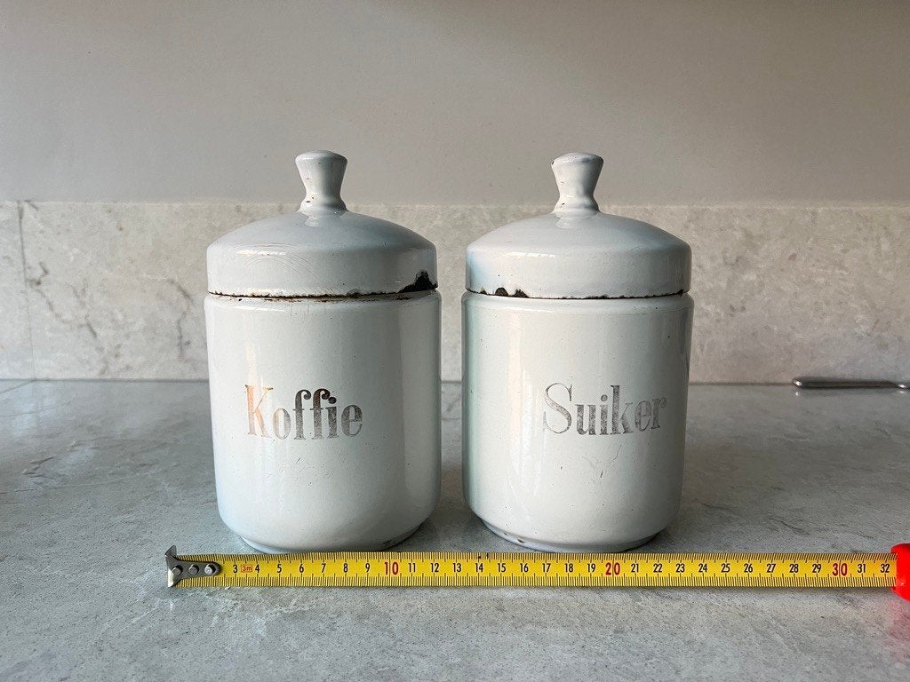 Gebruikte Koffie en Suiker set wit emaille, Ophalen of Verzenden