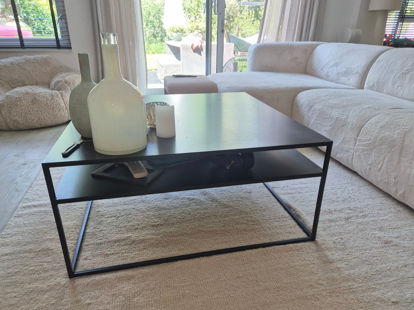 Industriële stalen salontafel 100 cm bij 100 cm 45 hoog, Ophalen, Gebruikt, Rechthoekig, 50 tot 100 cm