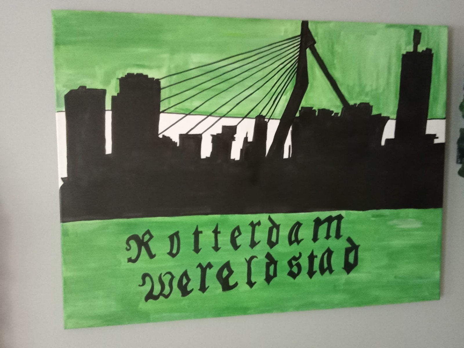 Schilderij Rotterdam Wereldstad - Skyline en Erasmusbrug, Antiek en Kunst, Ophalen, Handgeschilderd, Stadsgezicht
