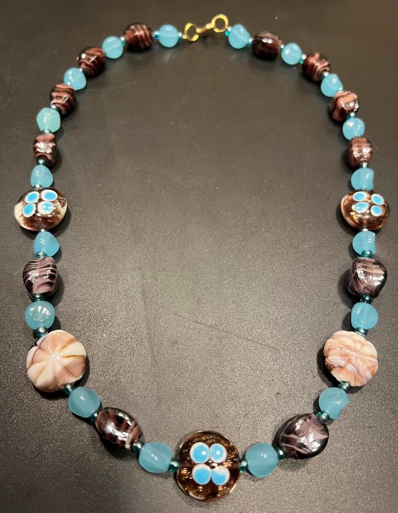 Prachtige handgemaakte Murano turquoise glaskralen ketting., Ophalen of Verzenden, Zo goed als nieuw, Blauw, Overige materialen