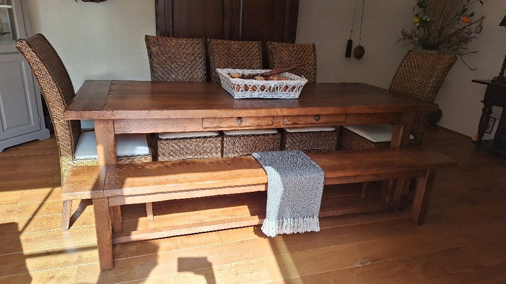 Prachtige lange eiken eettafel met bank., Ophalen, Gebruikt, Eikenhout, 200 cm of meer