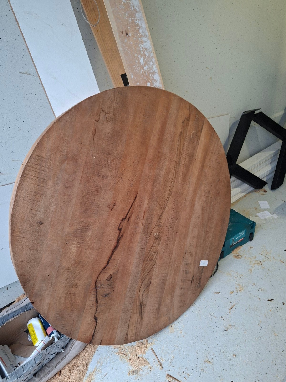 Rond houten tafelblad met metalen X-poten, Overige houtsoorten, Gebruikt, Rond, Ophalen of Verzenden